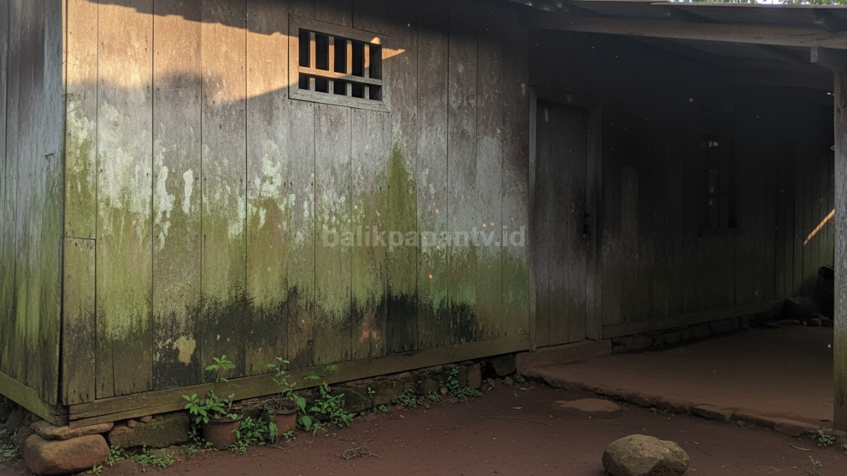 Sudut rumah kampung dengan dinding sedikit lembap, ventilasi kecil, dan ruangan terlihat agak gelap