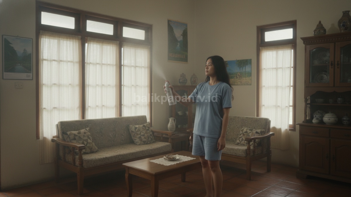 Seseorang menyemprot pewangi ruangan di dalam rumah tanpa membuka jendela, udara terlihat tertutup