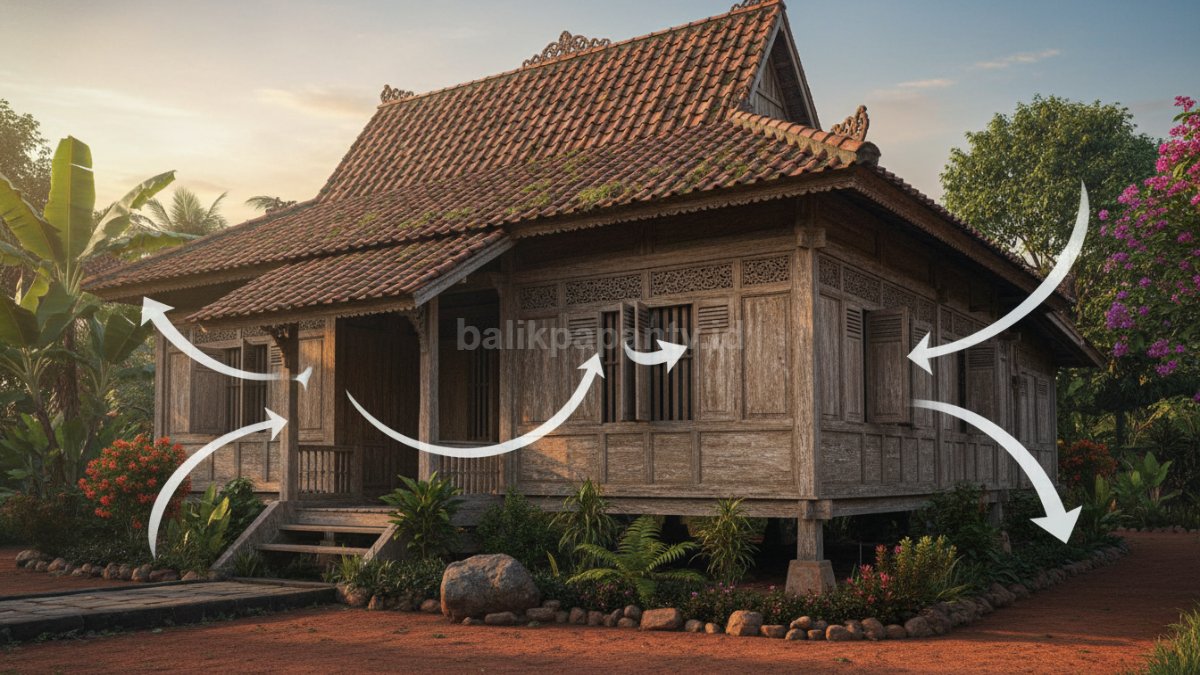 Ilustrasi rumah dengan tanda panah sirkulasi udara masuk dan keluar melalui jendela dan ventilasi