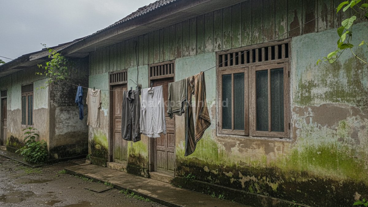 Dinding rumah yang mulai berjamur dan pakaian digantung terlihat lembap