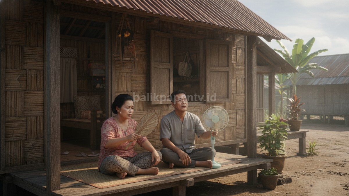 Interior rumah terlihat panas, penghuni menggunakan kipas angin, ekspresi kurang nyaman