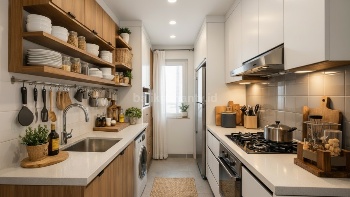 Dapur kecil memanjang dengan penyimpanan vertikal.