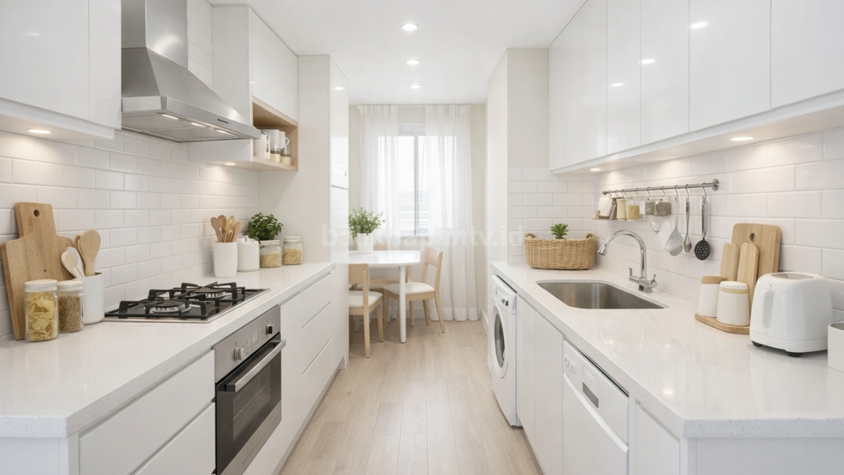 Dapur kecil memanjang dengan warna terang dan netral.