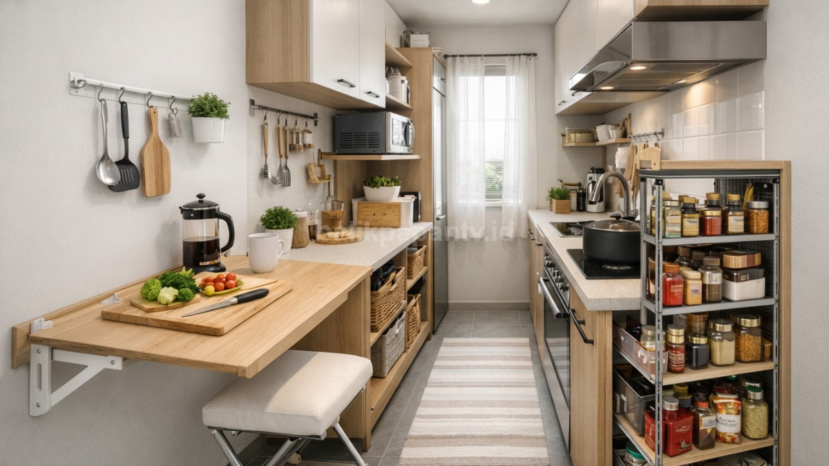 Dapur kecil memanjang dengan perabotan multifungsi.