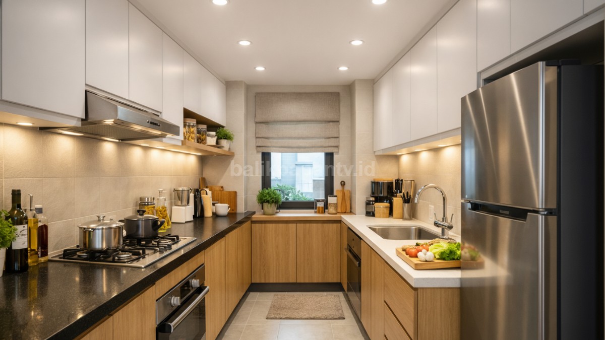 Dapur kecil memanjang dengan pencahayaan berlapis.