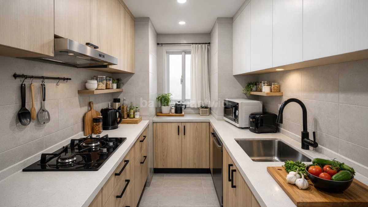 Dapur kecil memanjang dengan ruang gerak minimal.