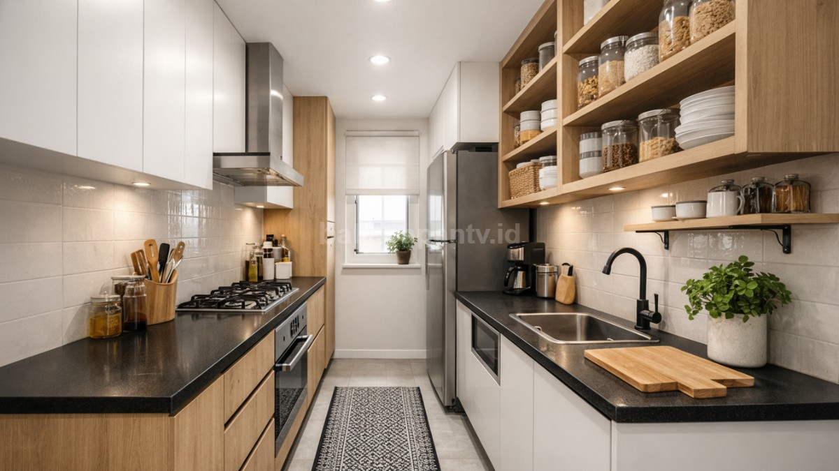 Dapur kecil memanjang dengan desain minimalis, pencahayaan terang, dan penyimpanan vertikal yang efisien.