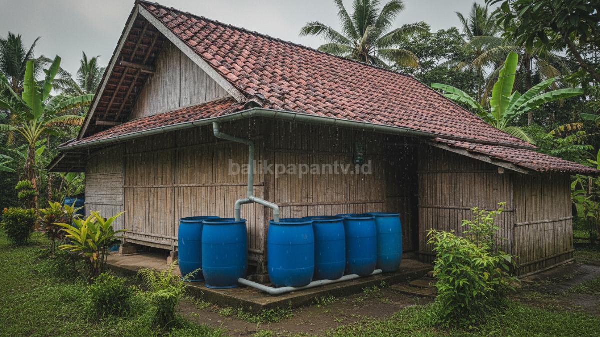 Ilustrasi rumah dengan sistem penampung air hujan dari atap yang terhubung ke drum
