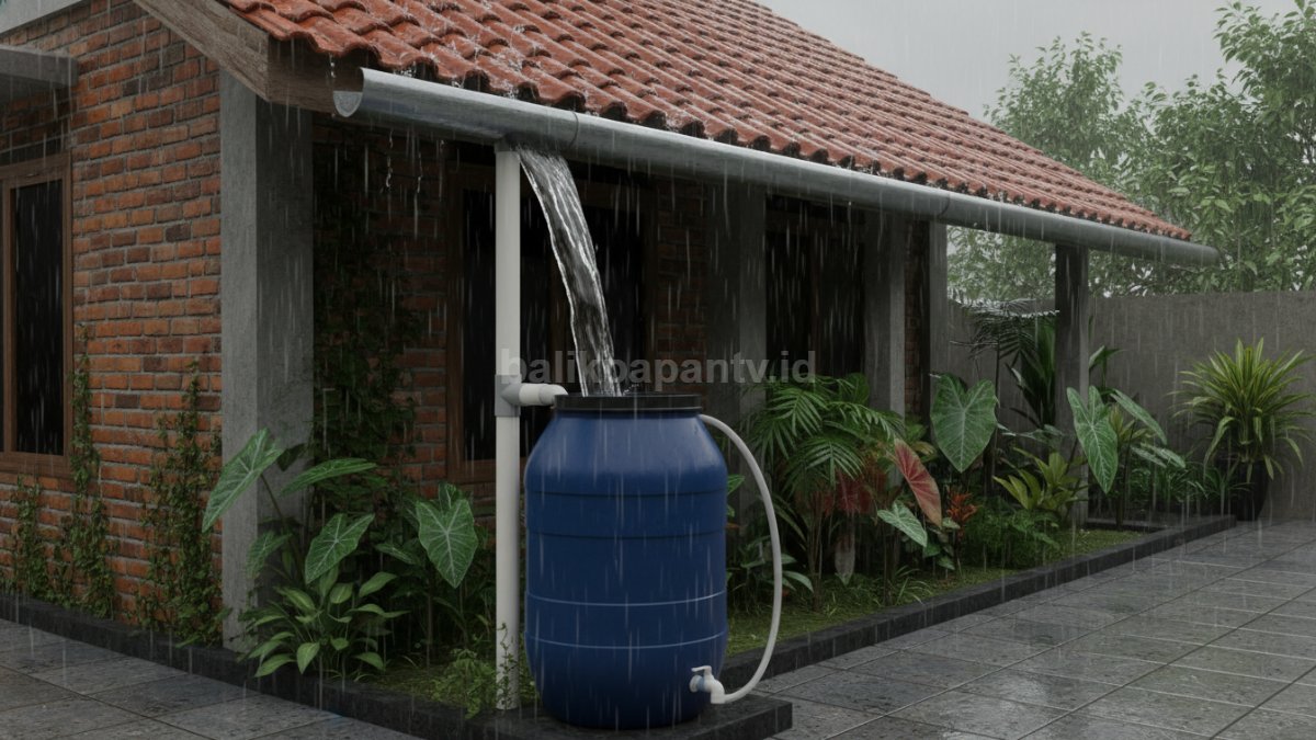 Talang air rumah yang mengalirkan air hujan ke pipa penampungan