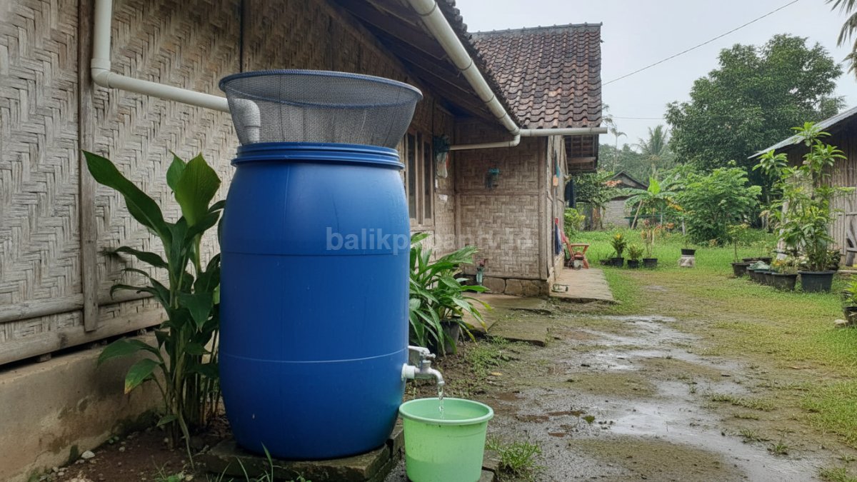 Drum penampung air hujan dengan kran di bagian bawah