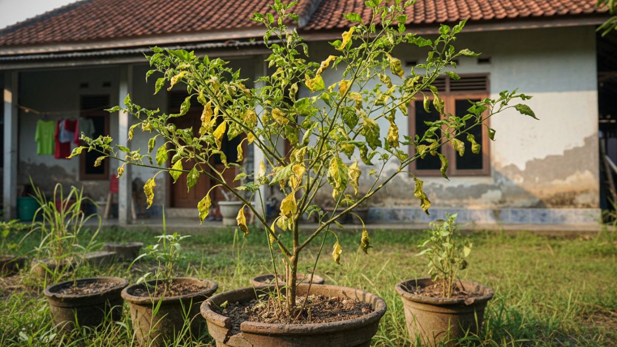 Daun cabai yang terkena hama sebagai tanda perawatan kurang optimal