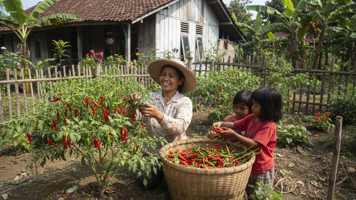 Aktivitas panen cabai di halaman rumah dengan hasil segar