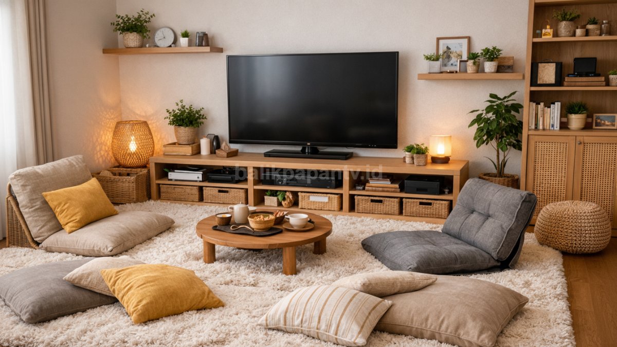 Ruang TV dengan karpet tebal atau rug sebagai dasar utama.