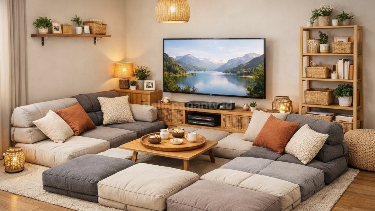 Ruang TV dengan bantal duduk atau cushion multifungsi.