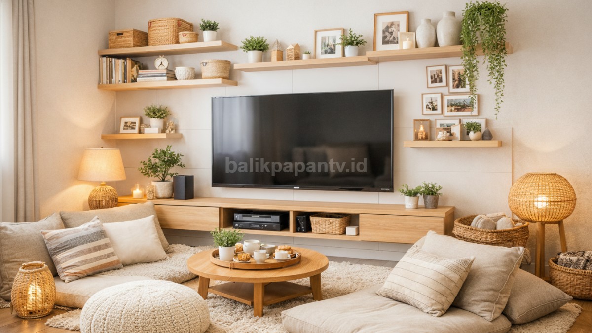 Ruang TV dengan rak dinding dan dekorasi.