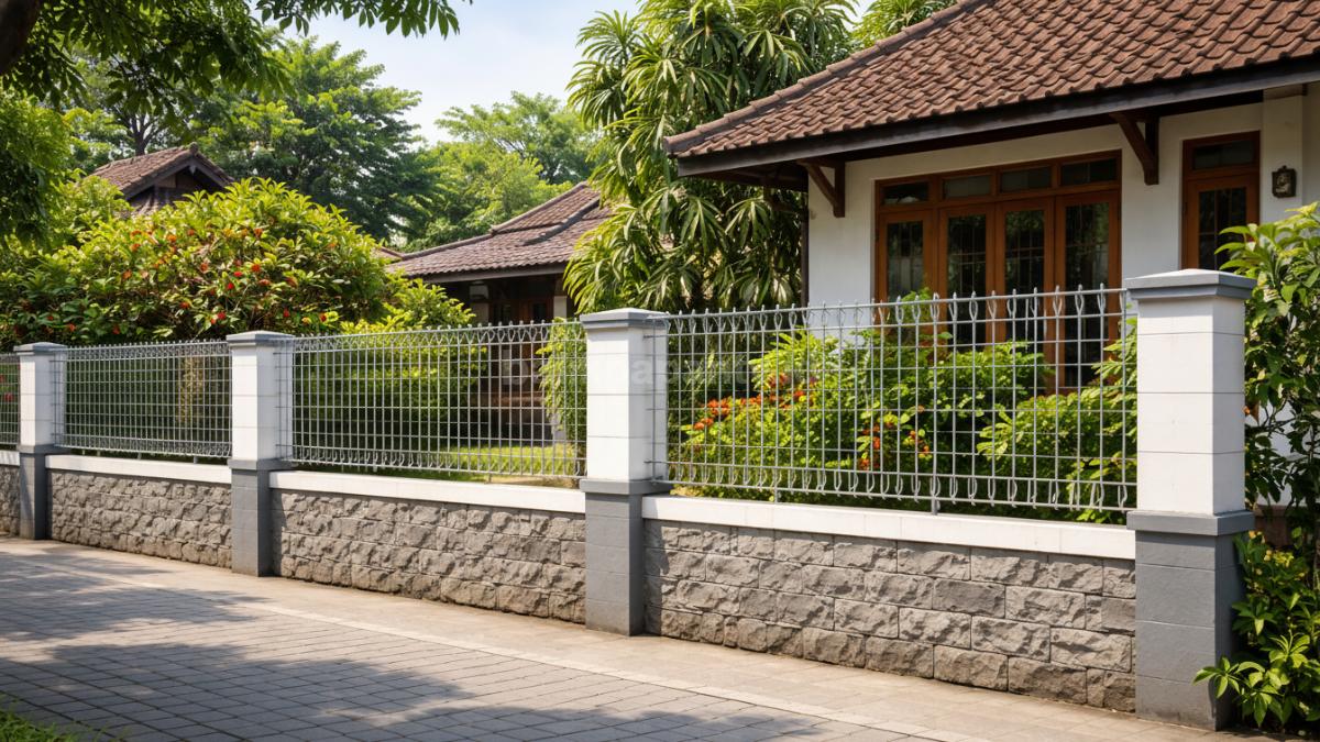 Pagar BRC kombinasi tembok pendek di rumah kampung.