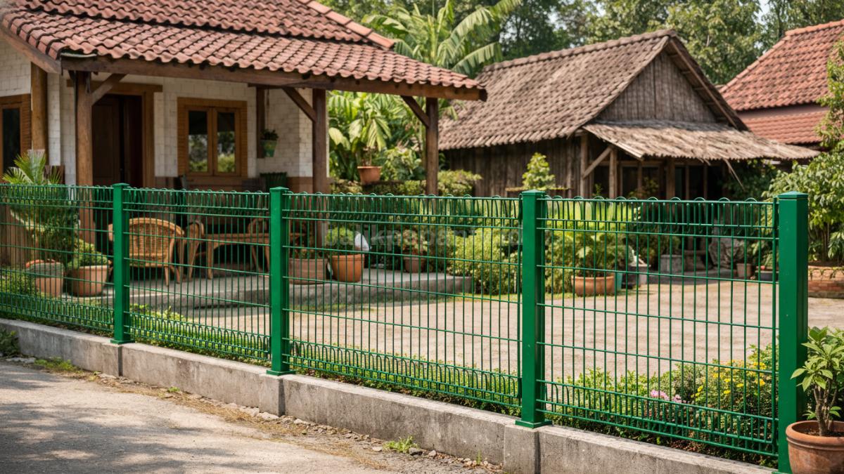 Pagar BRC dengan cat warna di rumah kampung.
