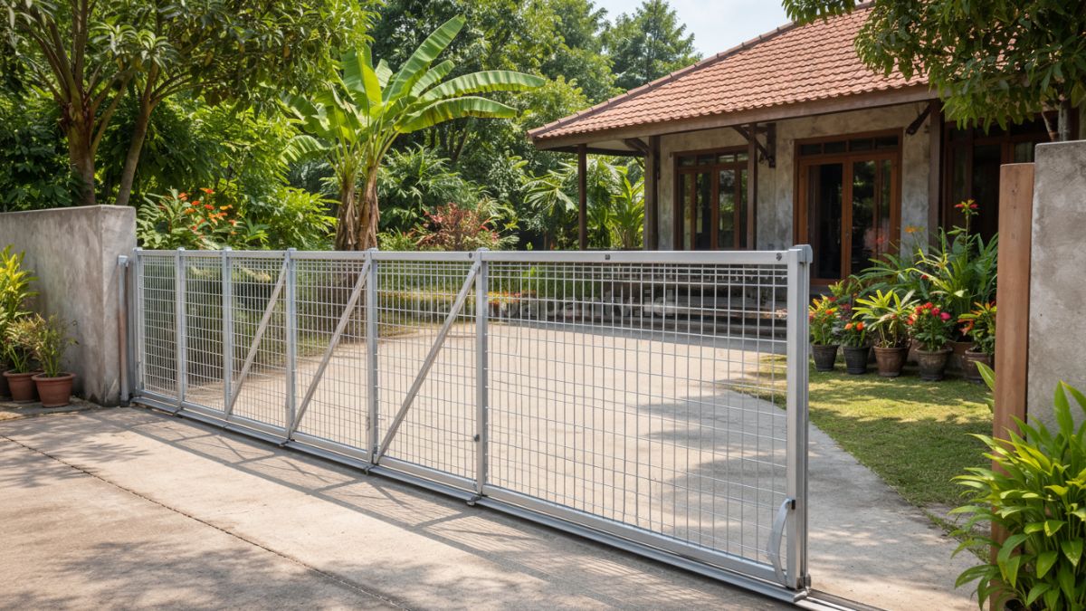 Pagar BRC model lipat atau sliding di rumah kampung.