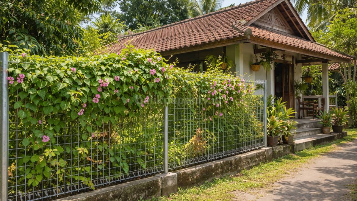 Pagar BRC dengan tanaman rambat di rumah kampung.