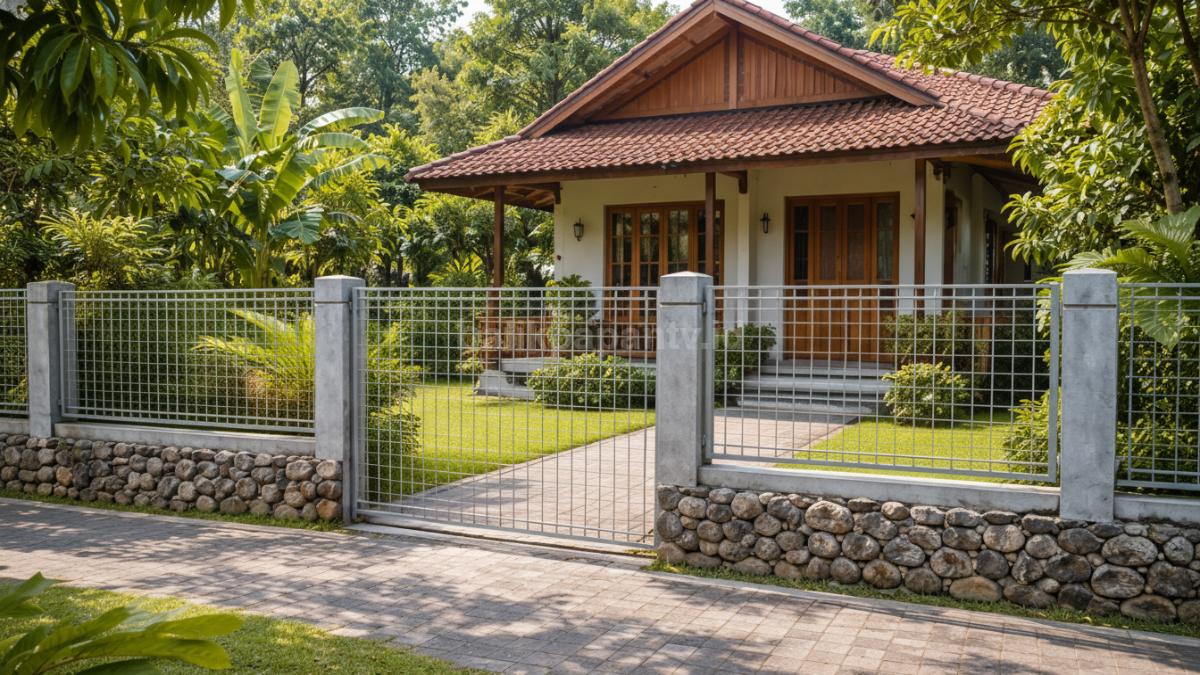 Pagar BRC di rumah kampung dengan tampilan simpel, kuat, dan estetik.