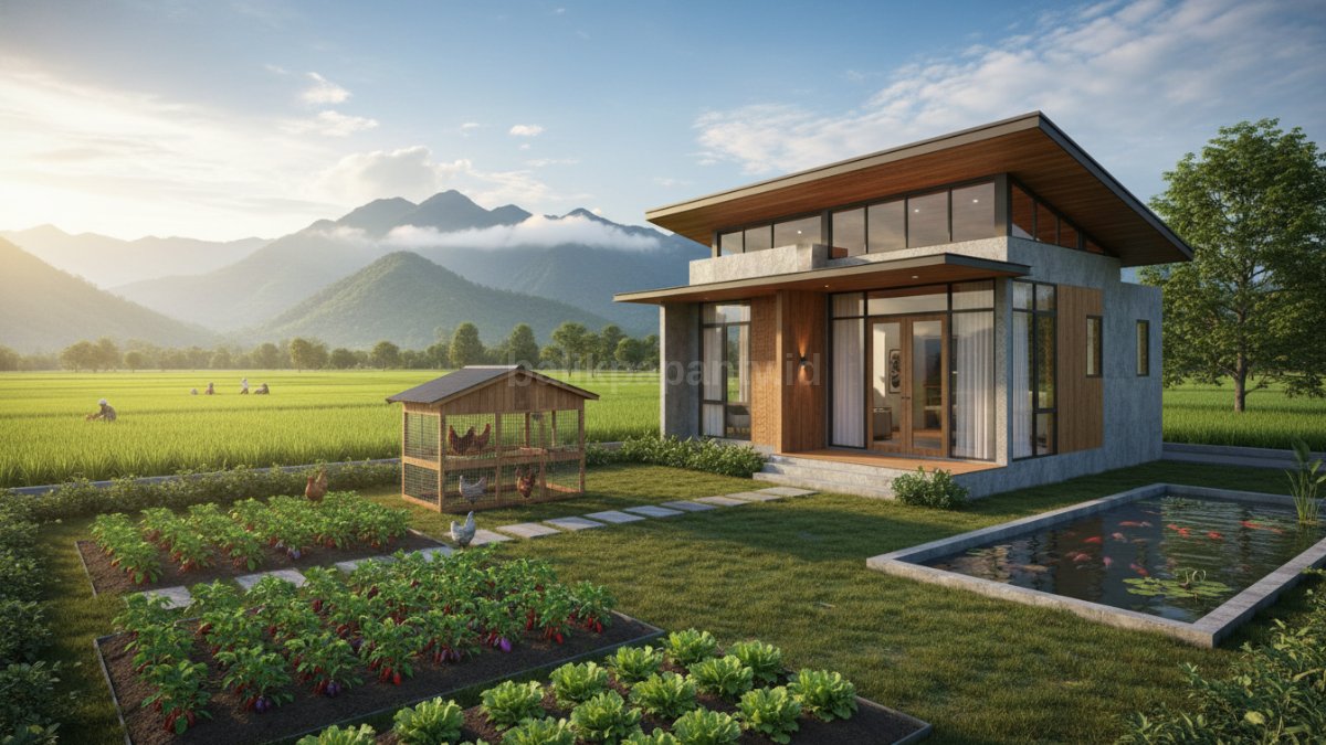 Rumah minimalis desa dengan latar sawah, kebun sayur, dan kolam ikan yang tertata rapi dan fungsional
