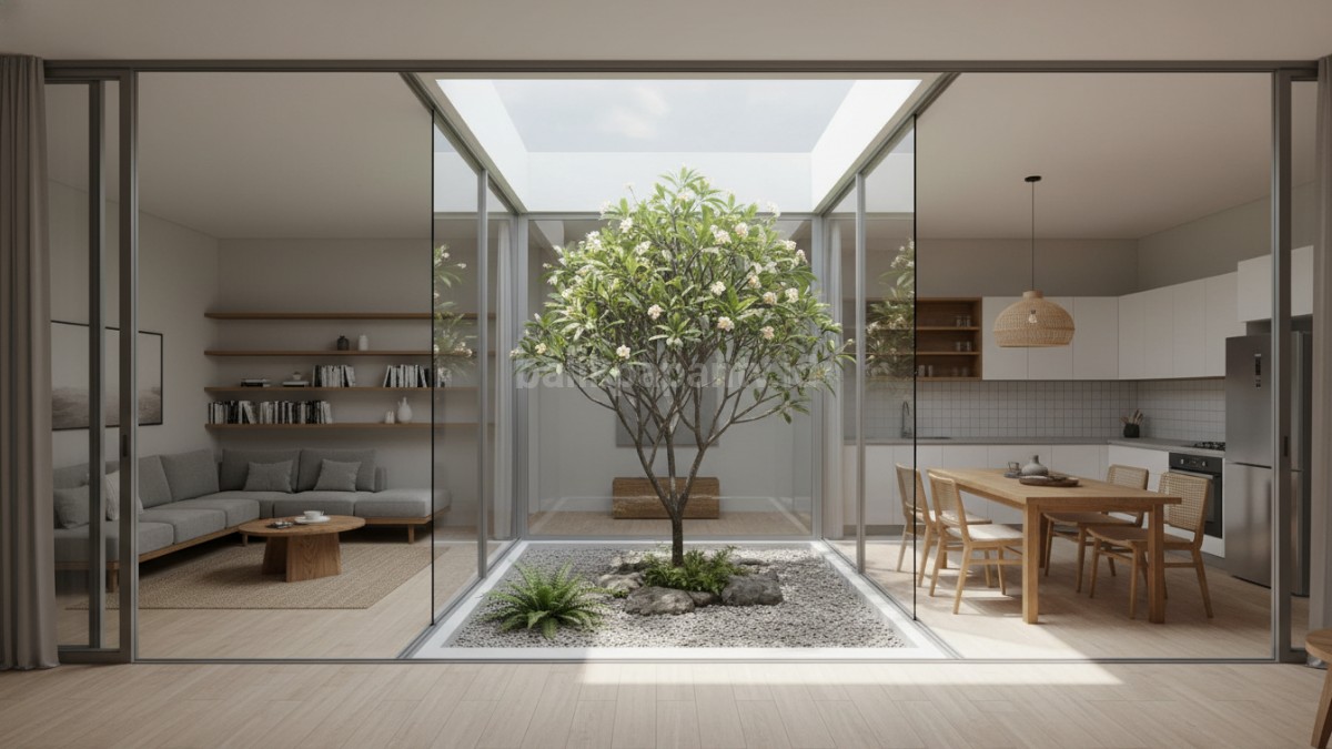 Desain rumah modern dengan inner courtyard hijau di tengah bangunan, tampil sejuk dan estetik