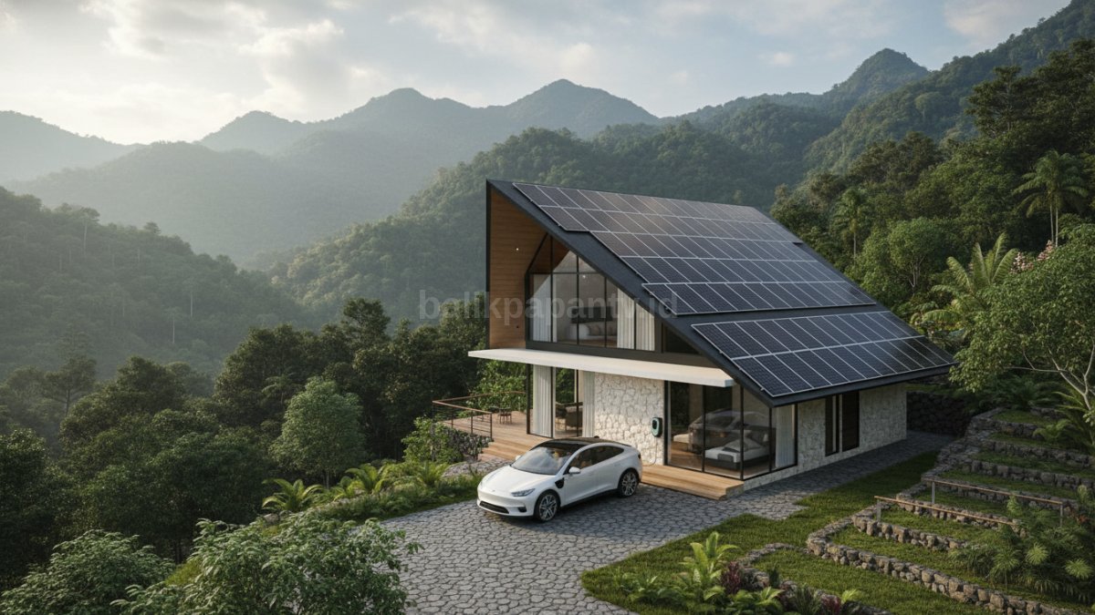 Rumah vila minimalis atap satu miring di pegunungan dengan latar hijau alami yang menyatu dengan alam