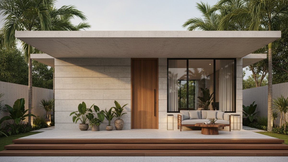 Teras datar dengan kanopi beton tipis.