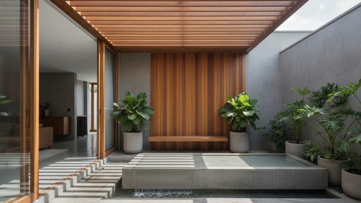 Teras minimalis dengan aksen kayu