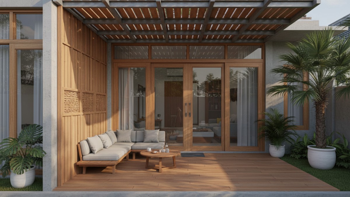 Teras minimalis modern dengan kanopi datar dan kombinasi material alami yang memperkuat fasad rumah