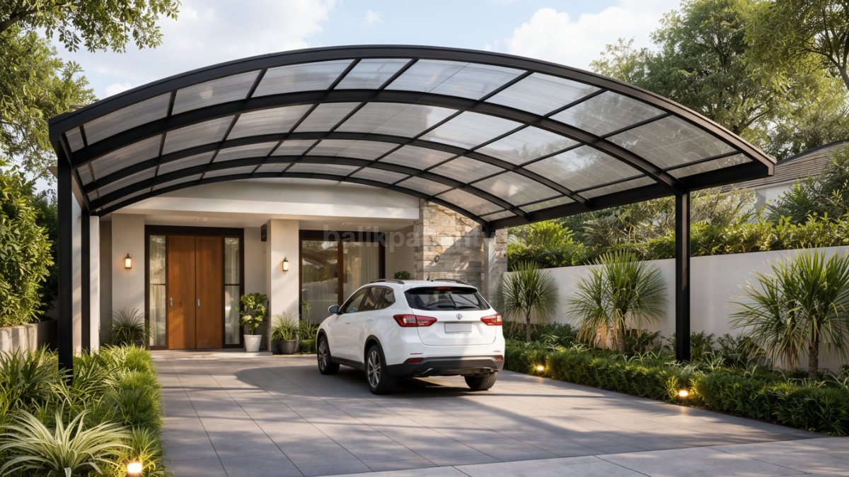 Kanopi melengkung memanjang mengikuti carport.