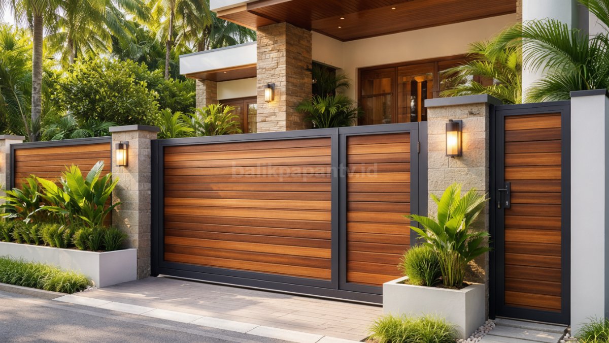 Desain pagar rumah modern minimalis dengan kombinasi besi dan kayu, tampilan elegan dan fungsional.