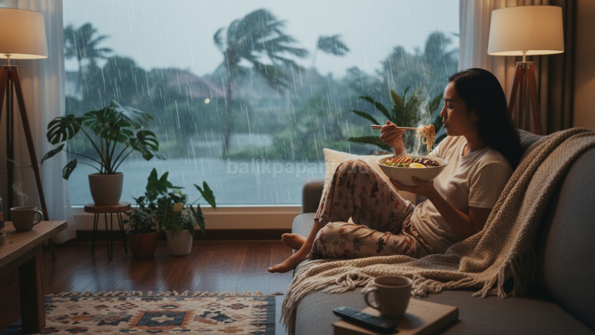  suasana rumah saat hujan deras, seseorang duduk santai di sofa sambil menikmati semangkuk ramen hangat, jendela terlihat basah oleh air hujan