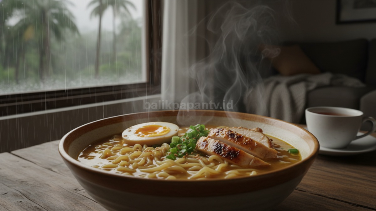 Close-up ramen berkuah panas dengan uap mengepul, dilengkapi telur setengah matang dan topping ayam, menunjukkan sensasi hangat di cuaca dingin