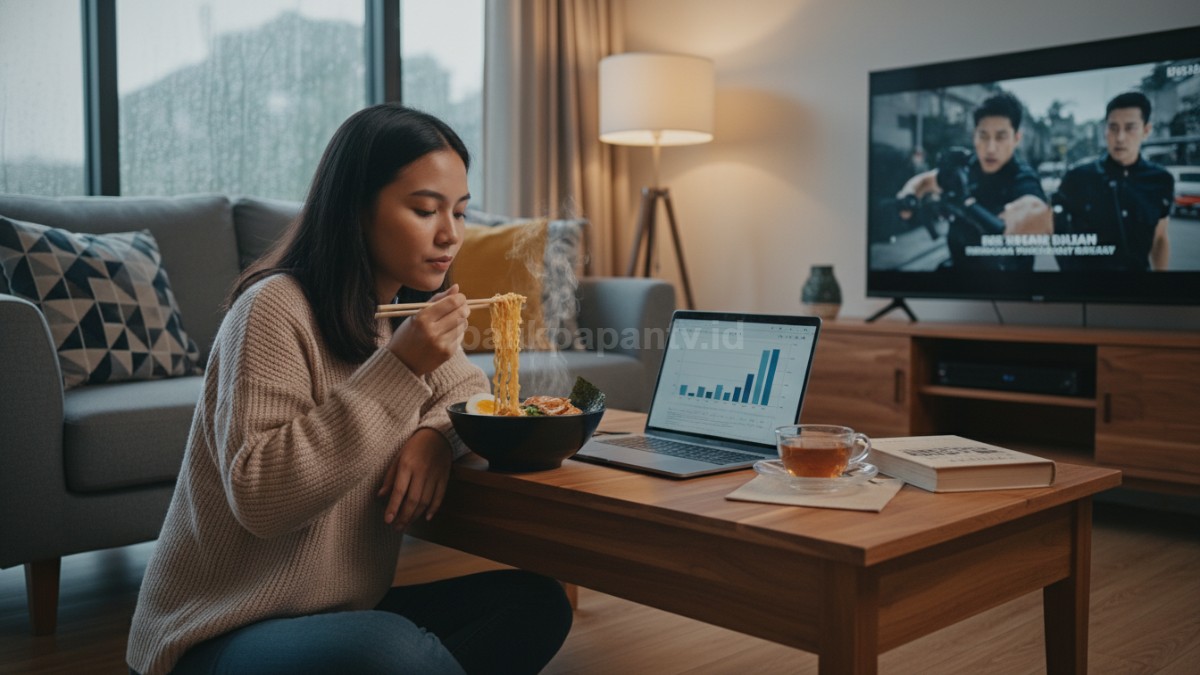 Beberapa aktivitas dalam satu frame&mdash;nonton TV, makan ramen, dan laptop terbuka di meja&mdash;menunjukkan kombinasi hiburan dan produktivitas di rumah