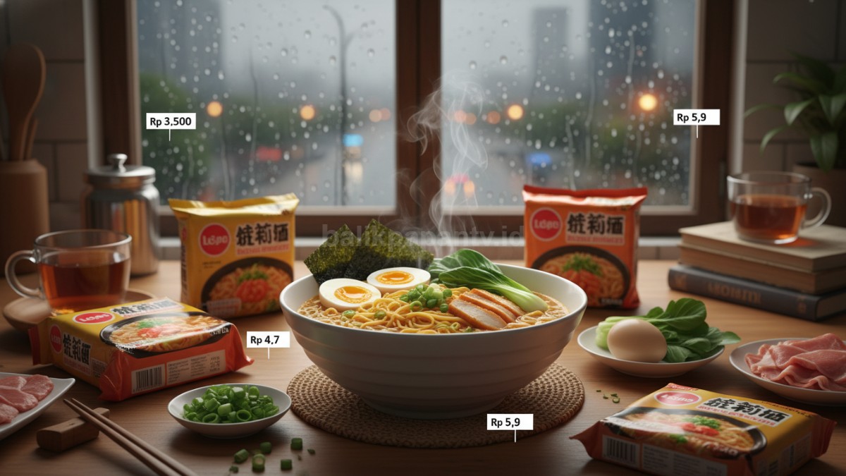 Beberapa varian ramen instan dengan label harga berbeda, ditambah bahan topping seperti telur, sayur, dan daging di meja dapur
