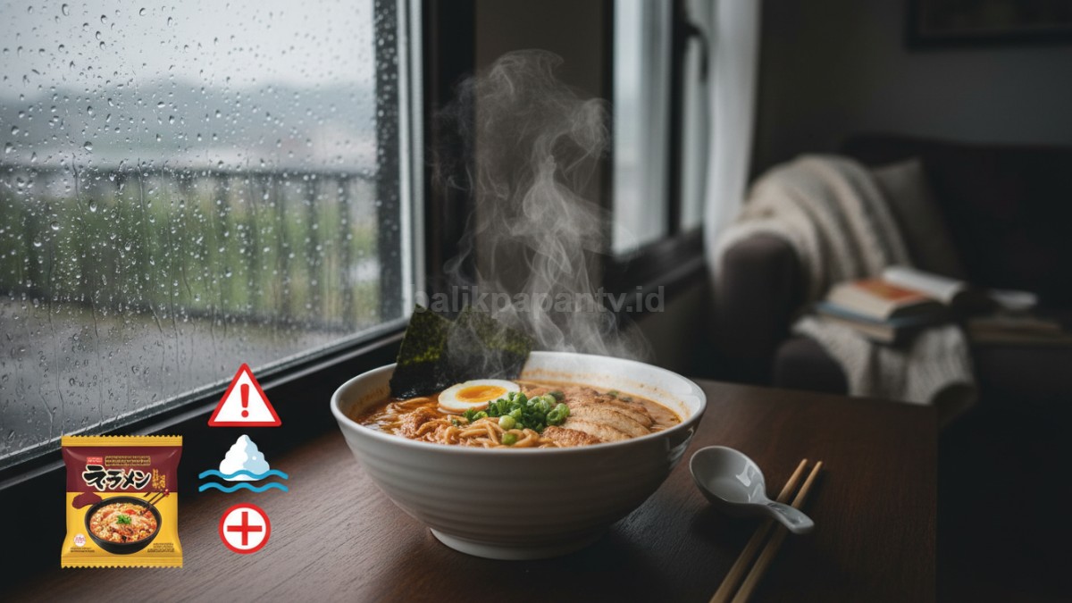 Ilustrasi sederhana kandungan gizi ramen (sodium tinggi) dengan visual kemasan instan dan ikon peringatan kesehatan