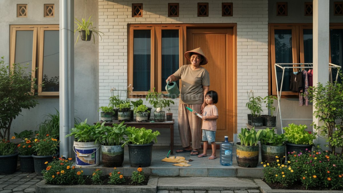 Suasana teras rumah sederhana dengan beberapa pot sayuran hijau, terlihat aktivitas berkebun kecil setelah Lebaran, menggambarkan pemanfaatan sisa THR jadi kebun