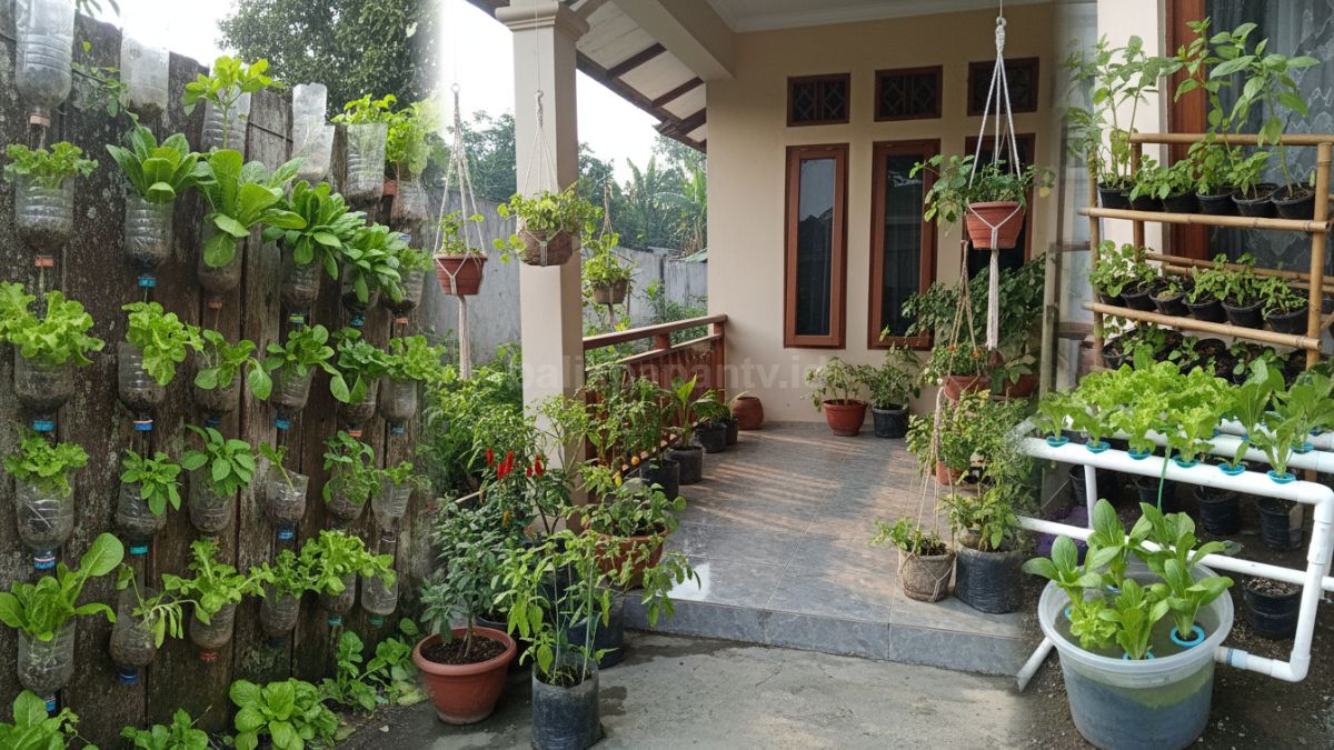 Kolase beberapa metode kebun seperti botol vertikal, pot di teras, hidroponik sederhana, dan rak tanaman bertingkat dalam satu tampilan