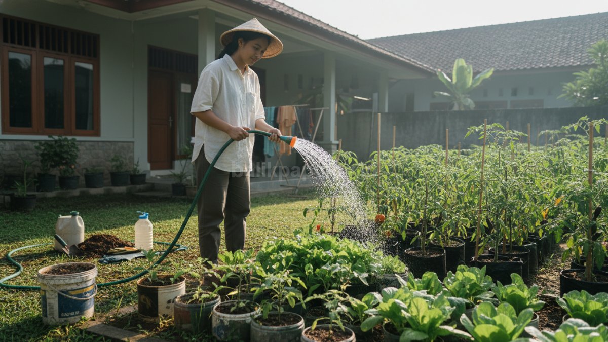 Seseorang menyiram tanaman di pagi hari dengan pencahayaan alami, menunjukkan perawatan rutin yang konsisten
