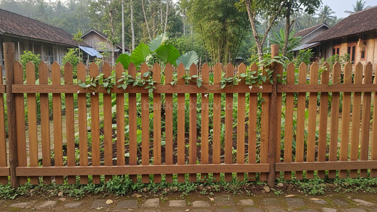 Tampilan pagar rumah kampung dengan warna kayu natural dan tanaman hijau di halaman, menggambarkan konsep pagar alami yang menenangkan dan menyatu dengan lingkungan rumah.