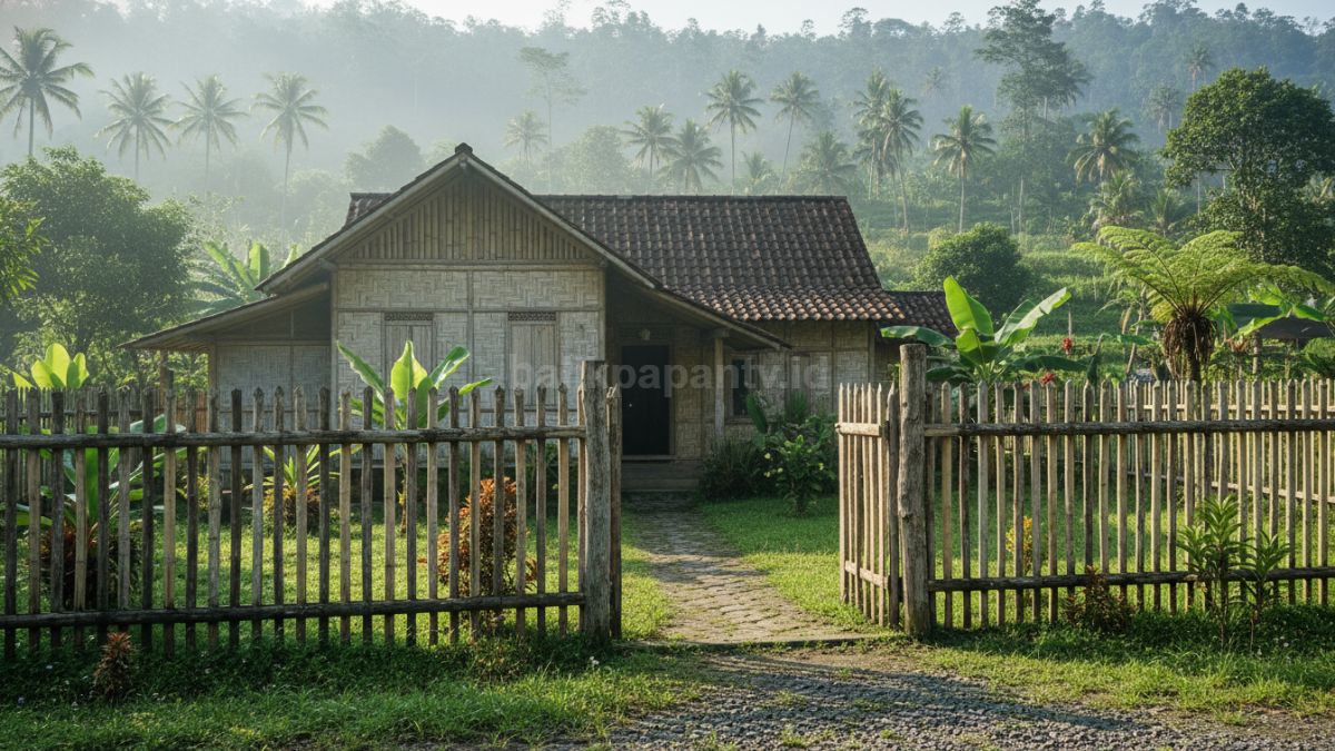 Rumah kampung sederhana dengan pagar kayu berwarna alami di desa Indonesia, terlihat suasana lingkungan hijau dan rapi.