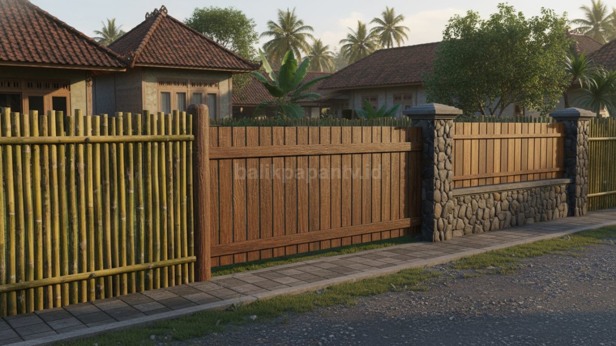 Beberapa model pagar seperti bambu alami, kayu horizontal, pagar kombinasi batu alam dan kayu dalam satu area halaman rumah.