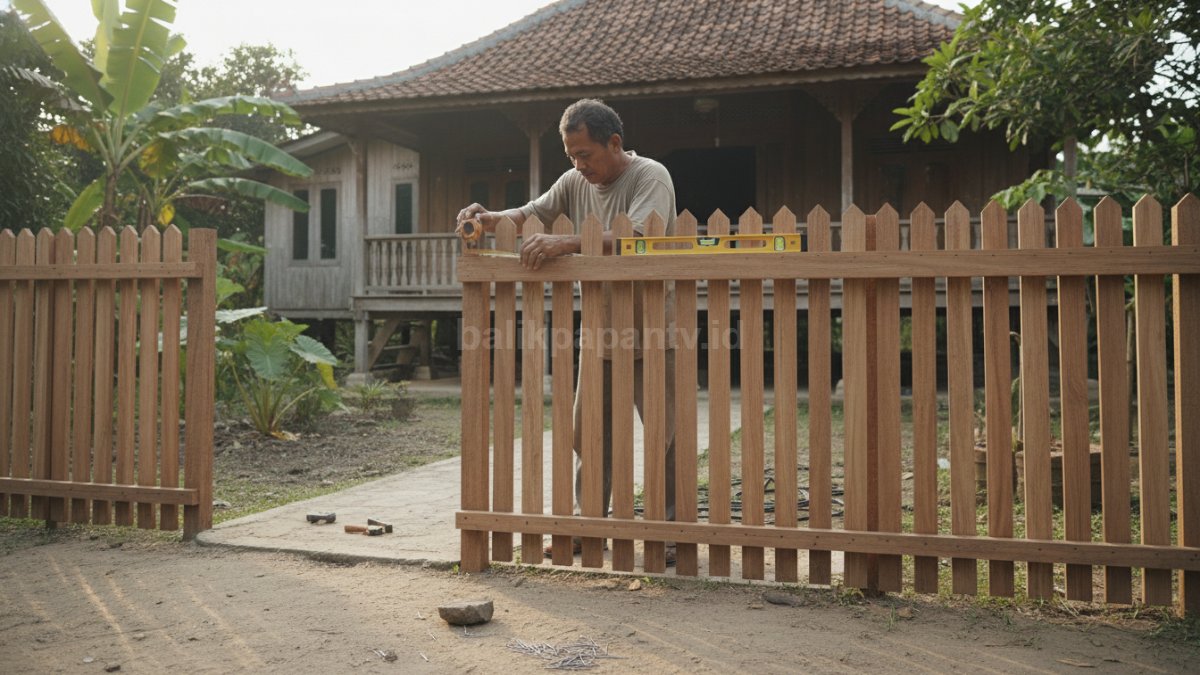 Tukang sedang memasang pagar kayu dengan alat ukur di halaman rumah, menunjukkan proses pembangunan pagar rumah.
