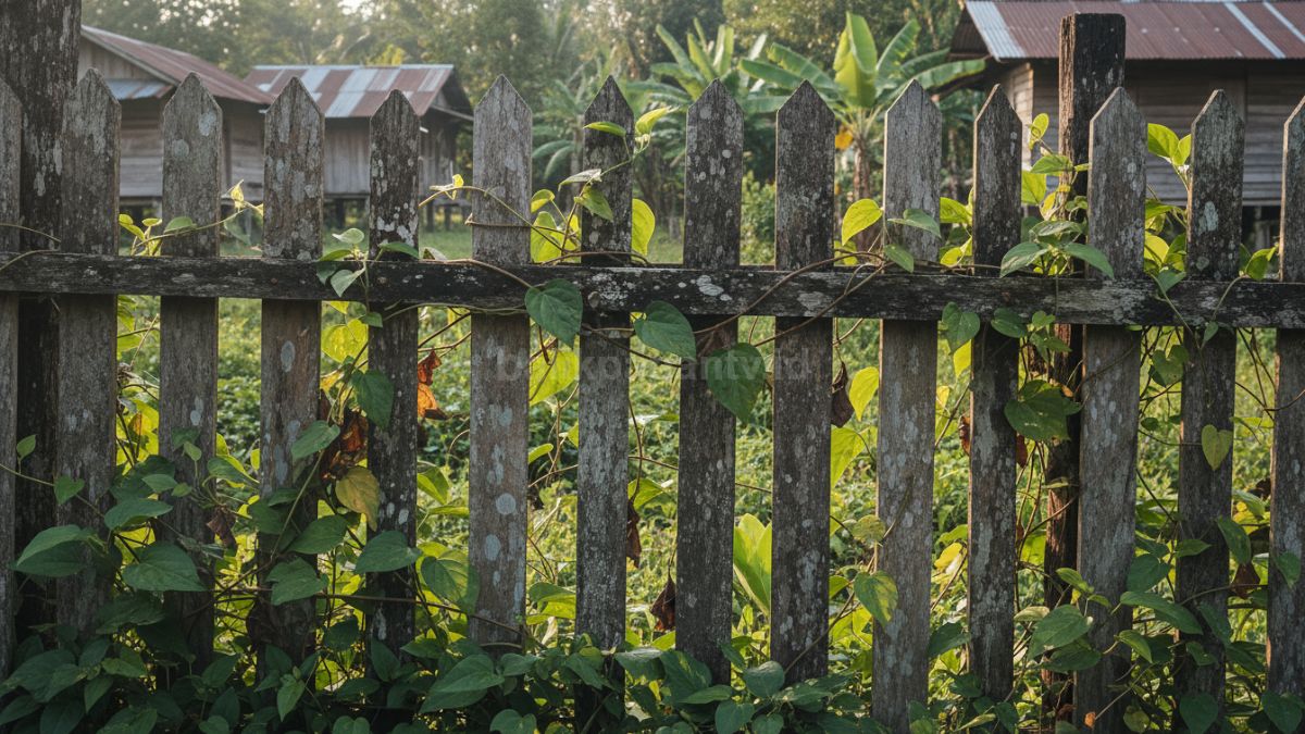 Pagar kayu yang mulai lapuk karena hujan dan panas, dengan daun tanaman di sekitarnya.