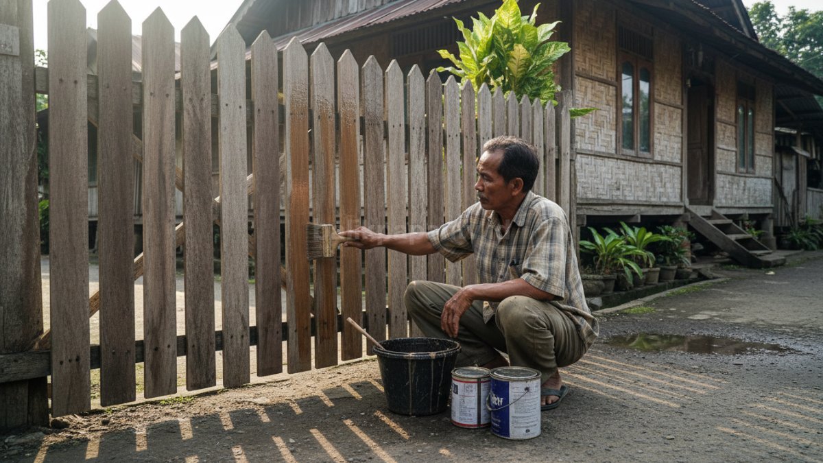Proses pengecatan ulang pagar kayu dengan lapisan pelindung, terlihat kuas dan kaleng pelapis kayu di dekat pagar.