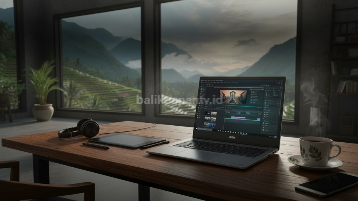 Laptop Acer Swift X 14 AI 2026 dengan desain tipis warna Titanium Grey, siap digunakan untuk editing video dan kerja kreatif modern.