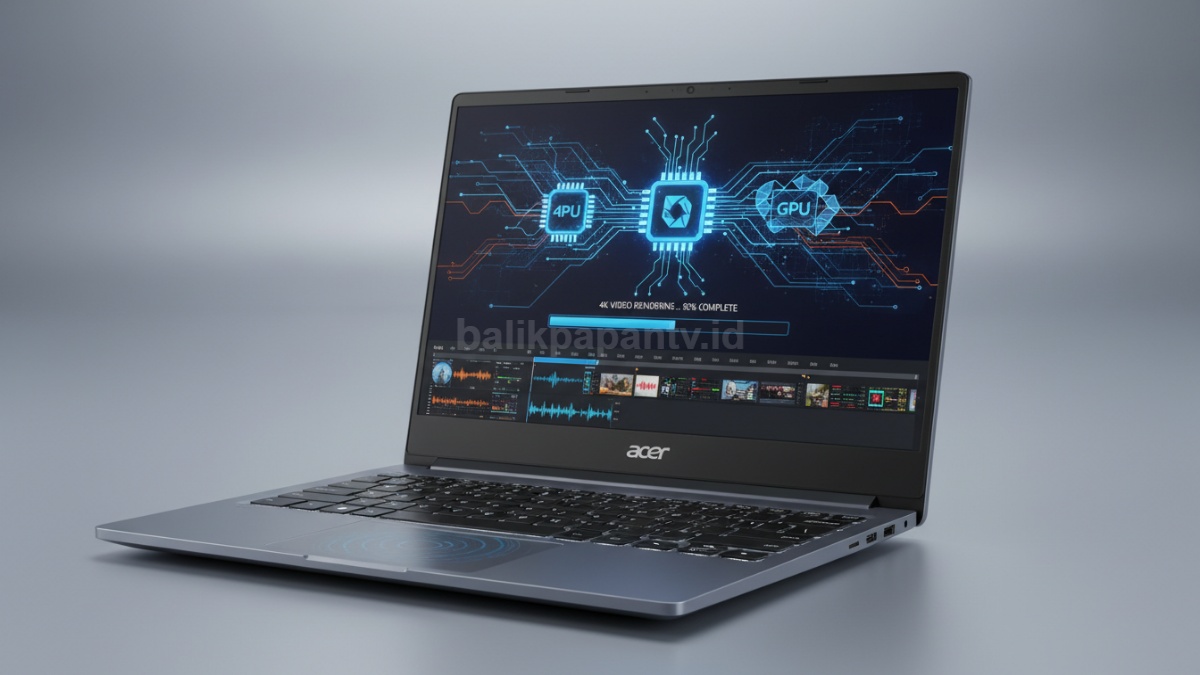 Ilustrasi proses rendering video 4K di laptop Acer Swift X 14 AI menunjukkan performa prosesor dan GPU modern.