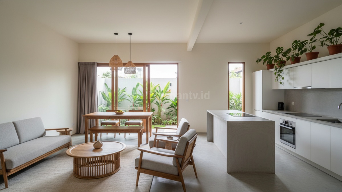 Interior rumah 4x7 meter minimalis dengan konsep open space yang terlihat luas dan rapi