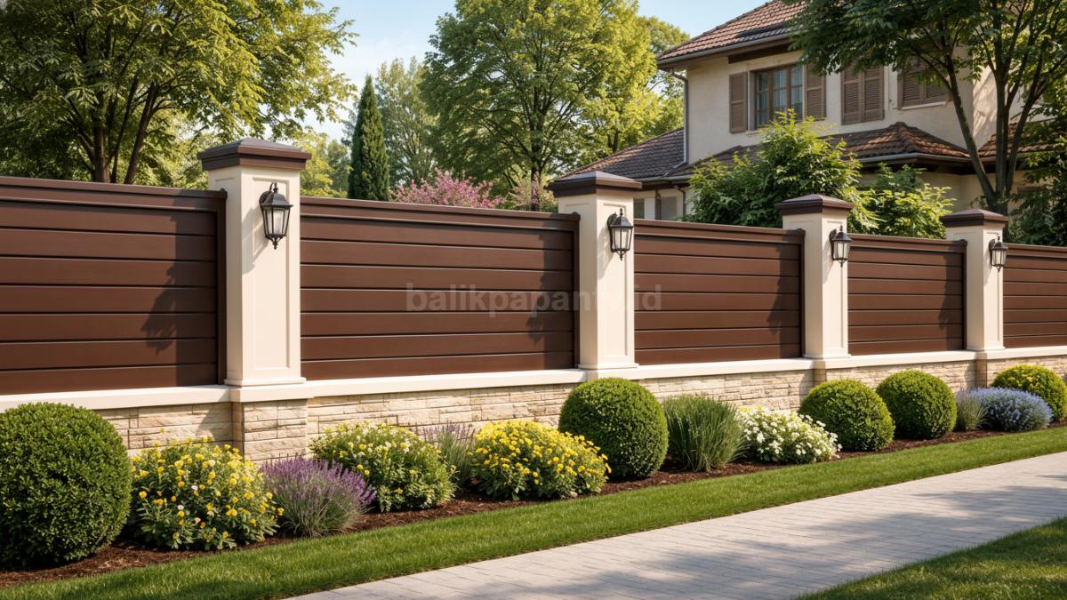Kombinasi warna pagar rumah modern cokelat tua dan krem yang elegan dan estetik.